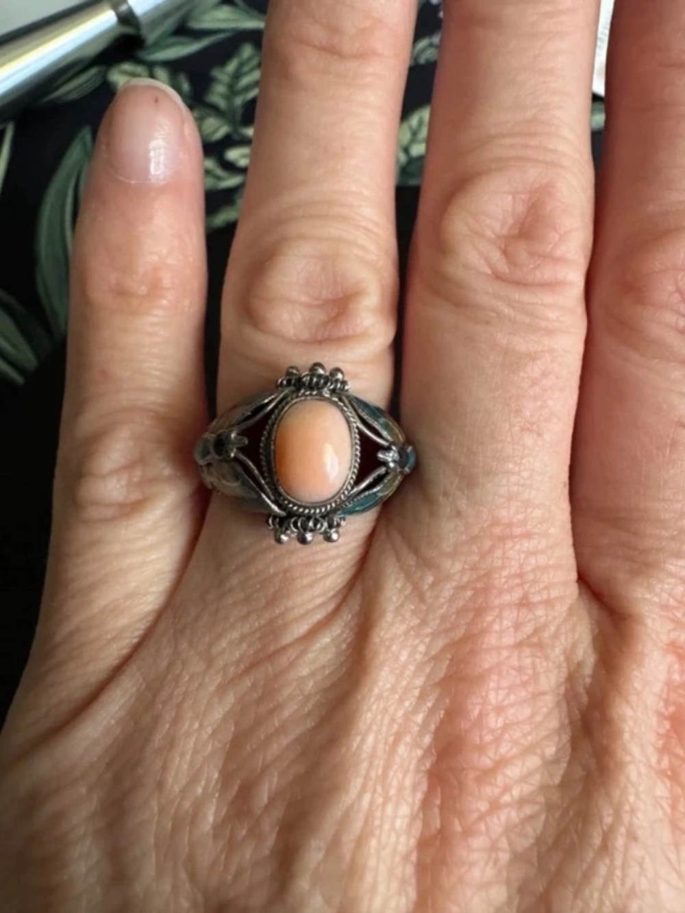 Vintage Signed BJ 925 Sterling Silver Pink Angel Skin Coral Butterfly Ring